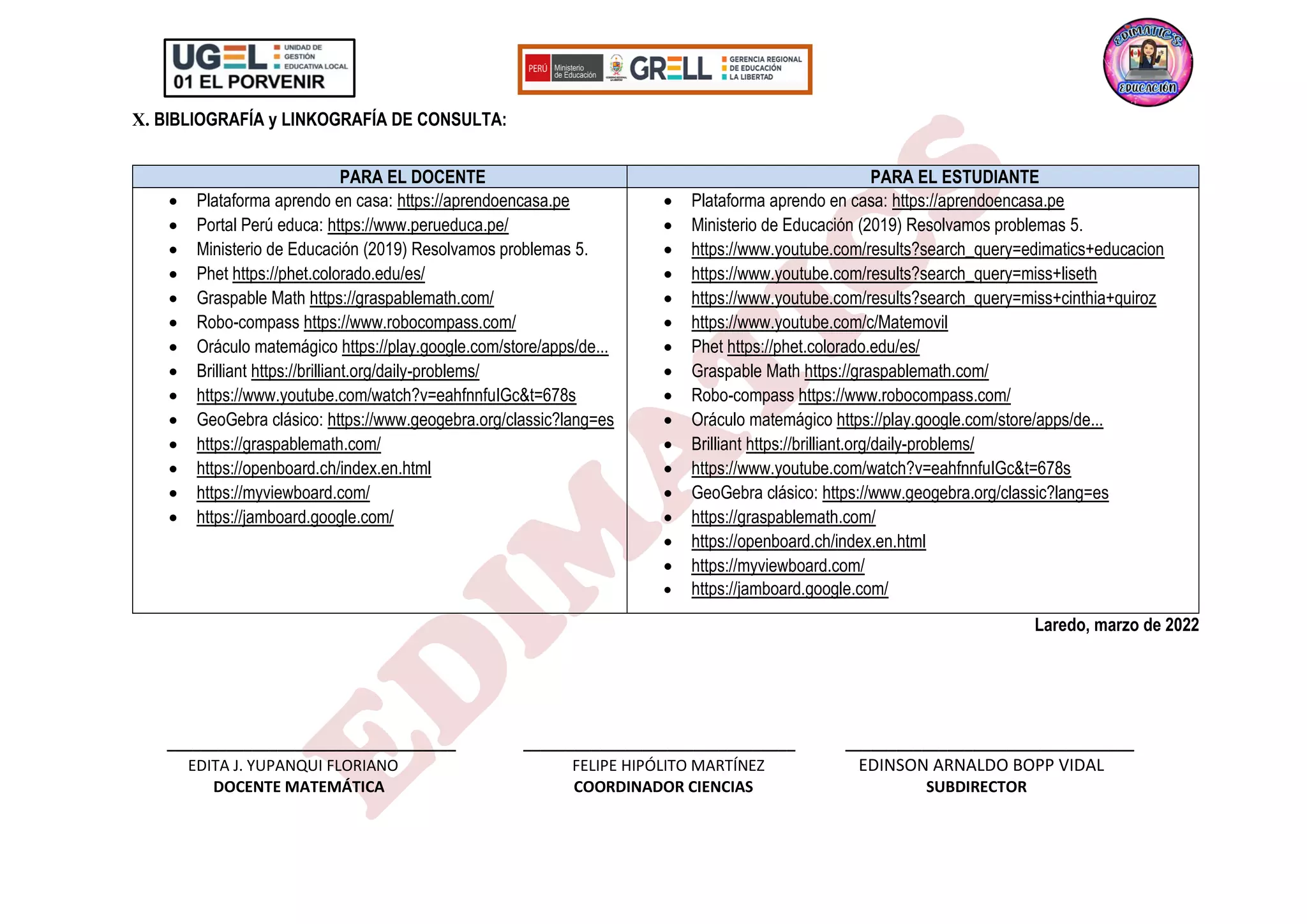 X. BIBLIOGRAFÍA y LINKOGRAFÍA DE CONSULTA:
PARA EL DOCENTE PARA EL ESTUDIANTE
• Plataforma aprendo en casa: https://aprendoencasa.pe
• Portal Perú educa: https://www.perueduca.pe/
• Ministerio de Educación (2019) Resolvamos problemas 5.
• Phet https://phet.colorado.edu/es/
• Graspable Math https://graspablemath.com/
• Robo-compass https://www.robocompass.com/
• Oráculo matemágico https://play.google.com/store/apps/de...
• Brilliant https://brilliant.org/daily-problems/
• https://www.youtube.com/watch?v=eahfnnfuIGc&t=678s
• GeoGebra clásico: https://www.geogebra.org/classic?lang=es
• https://graspablemath.com/
• https://openboard.ch/index.en.html
• https://myviewboard.com/
• https://jamboard.google.com/
• Plataforma aprendo en casa: https://aprendoencasa.pe
• Ministerio de Educación (2019) Resolvamos problemas 5.
• https://www.youtube.com/results?search_query=edimatics+educacion
• https://www.youtube.com/results?search_query=miss+liseth
• https://www.youtube.com/results?search_query=miss+cinthia+quiroz
• https://www.youtube.com/c/Matemovil
• Phet https://phet.colorado.edu/es/
• Graspable Math https://graspablemath.com/
• Robo-compass https://www.robocompass.com/
• Oráculo matemágico https://play.google.com/store/apps/de...
• Brilliant https://brilliant.org/daily-problems/
• https://www.youtube.com/watch?v=eahfnnfuIGc&t=678s
• GeoGebra clásico: https://www.geogebra.org/classic?lang=es
• https://graspablemath.com/
• https://openboard.ch/index.en.html
• https://myviewboard.com/
• https://jamboard.google.com/
Laredo, marzo de 2022
__________________________________ ________________________________ __________________________________
EDITA J. YUPANQUI FLORIANO FELIPE HIPÓLITO MARTÍNEZ EDINSON ARNALDO BOPP VIDAL
DOCENTE MATEMÁTICA COORDINADOR CIENCIAS SUBDIRECTOR
 