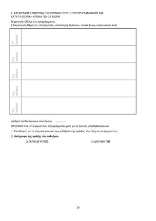 ΑΔΑ: ΩΒ0Δ9-ΜΛΜ 
Ε. ΚΑΤΑΓΡΑΨΤΕ ΣΥΝΟΠΤΙΚΑ ΤΗΝ ΧΡΟΝΙΚΗ ΕΞΕΛΙΞΗ ΤΟΥ ΠΡΟΓΡΑΜΜΑΤΟΣ ΣΑΣ 
ΚΑΤΑ ΤΗ ΣΧΟΛΙΚΗ ΧΡΟΝΙΑ (20- 25 ΔΙΩΡΑ) 
Η χρονική εξέλιξη του προγράμματος 
( διερεύνηση θέματος, επεξεργασία, υλοποίηση δράσεων, επισκέψεων, παρουσίαση κλπ) 
18 
1ος 
ΜΗΝΑΣ 
2ος 
ΜΗΝΑΣ 
3ος 
ΜΗΝΑΣ 
4ος 
ΜΗΝΑΣ 
5ος 
ΜΗΝΑΣ 
Αριθμός προβλεπόμενων επισκέψεων ................ 
ΠΡΟΣΟΧΗ: Για την έγκριση του προγράμματος μαζί με το έντυπο υποβάλλονται και 
1. Κατάλογος με το ονοματεπώνυμο των μαθητών της ομάδας, την τάξη και το τμήμα τους. 
2. Αντίγραφο της πράξης του συλλόγου 
Ο ΕΚΠΑΙΔΕΥΤΙΚΟΣ Ο ΔΙΕΥΘΥΝΤΗΣ 
 
