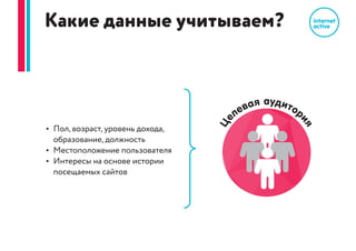 Как работает?
1. На основе описания вашей целевой аудитории готовим прогноз по показам
баннера и кликам
2. Готовим баннеры
3. Настраиваем рекламную кампанию с помощью специальной программной
платформы, с учетом описания вашего потенциального клиента
4. Баннер попадает в ротацию в рекламные сети, более чем на 100 000 сайтов
5. Платформа показывает баннер только вашей целевой аудитории. Людям, которые в
неё не попадают – не показывает, сберегая ваши деньги
6. Ваш потенциальный клиент кликает на баннер и попадает на ваш сайт
 