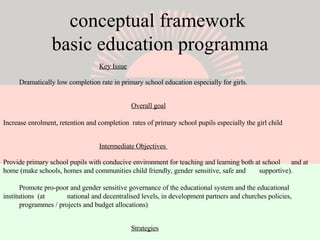 conceptual framework  basic education programma Key Issue   Dramatically low completion rate in primary school education especially for girls.      Overall goal   Increase enrolment, retention and completion  rates of primary school pupils especially the girl child   Intermediate Objectives  Provide primary school pupils with conducive environment for teaching and learning both at school  and at home (make schools, homes and communities child friendly, gender sensitive, safe and  supportive).    P Promote pro-poor and gender sensitive governance of the educational system and the educational  institutions  (at  national and decentralised levels, in development partners and churches policies,  programmes / projects and budget allocations)      Strategies Advocate for and facilitate the development of school improvement plans (components: infrastructure,  teaching and learning  materials and  teachers and head teachers professionalism) Promote and facilitate participation in policy development and implementation (prepare members for  implementation  and as watch dogs with regards to government and DPs policies, programmes and  budget allocations.   