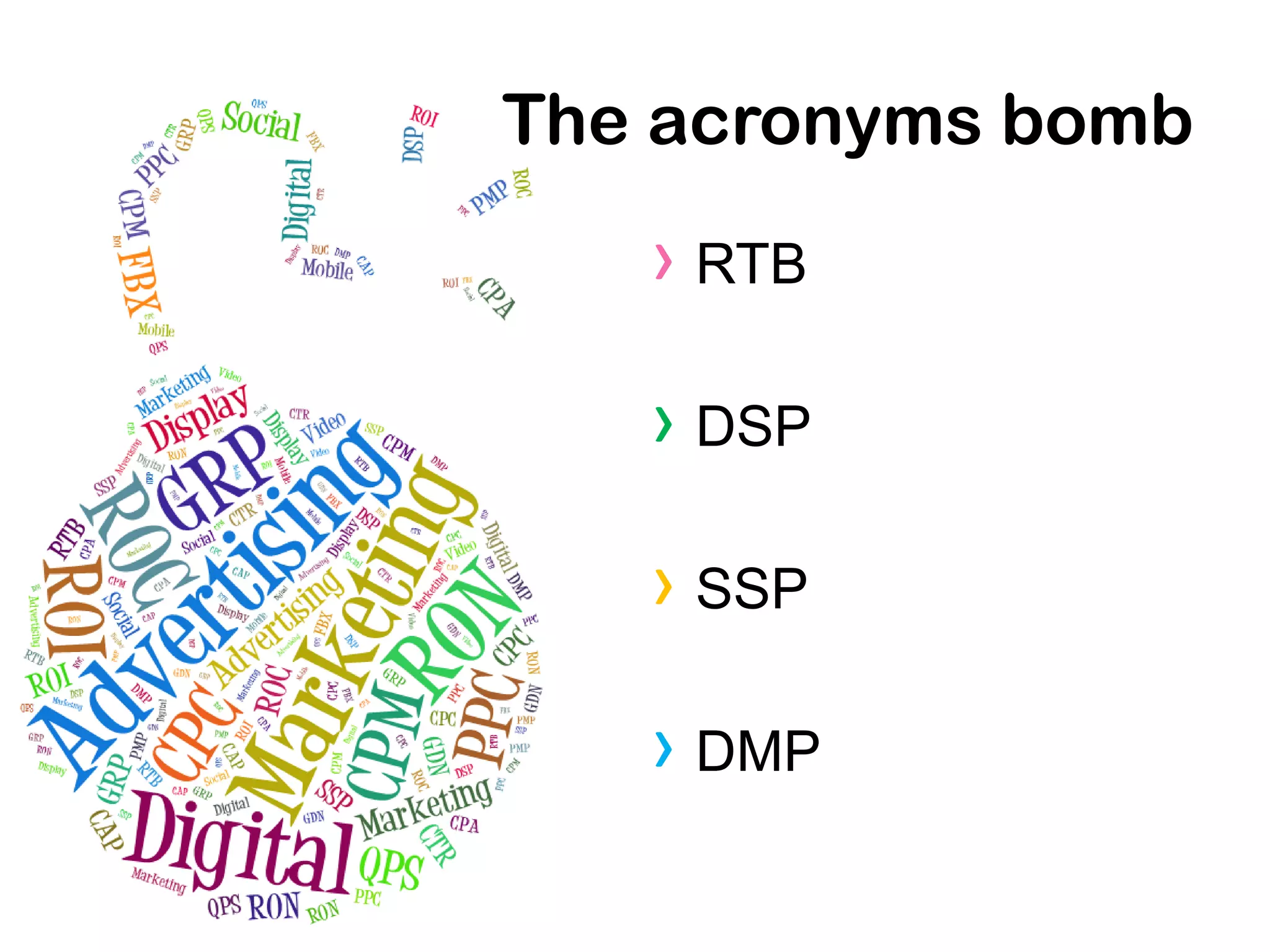 The acronyms bomb
› RTB
› DSP
› SSP
› DMP
 