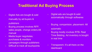 Traditional Ad Buying Process
- Digital Ads are bought & sold
manually by ad buyers &
publishers
- Buying process involves RFP,
sales people, change orders-All
manual
- Media buyer negotiates,
purchases & monitors
campaigns through publishers
- Difficult to track all touchpoints
- Digital ads are bought & sold
automatically through softwares
- Buying, comparision, placement- All
automatic
- Buying mostly involves RTB- Real
Time Bidding. Ad inventory is bought
in real time
- Transparent- It’s all there on the
dashboard
 