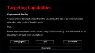 Programmatic Display
You can choose to target people from the USA below the age of 30 who visit pages
related to “relationships” in wikihow.com.
Plus,
People who viewed relationship related blogs/Websites during their lunch break in the
last 30 days through their smartphone
Targeting Capabilities
Demographics Topic Placement
Behavioral
 