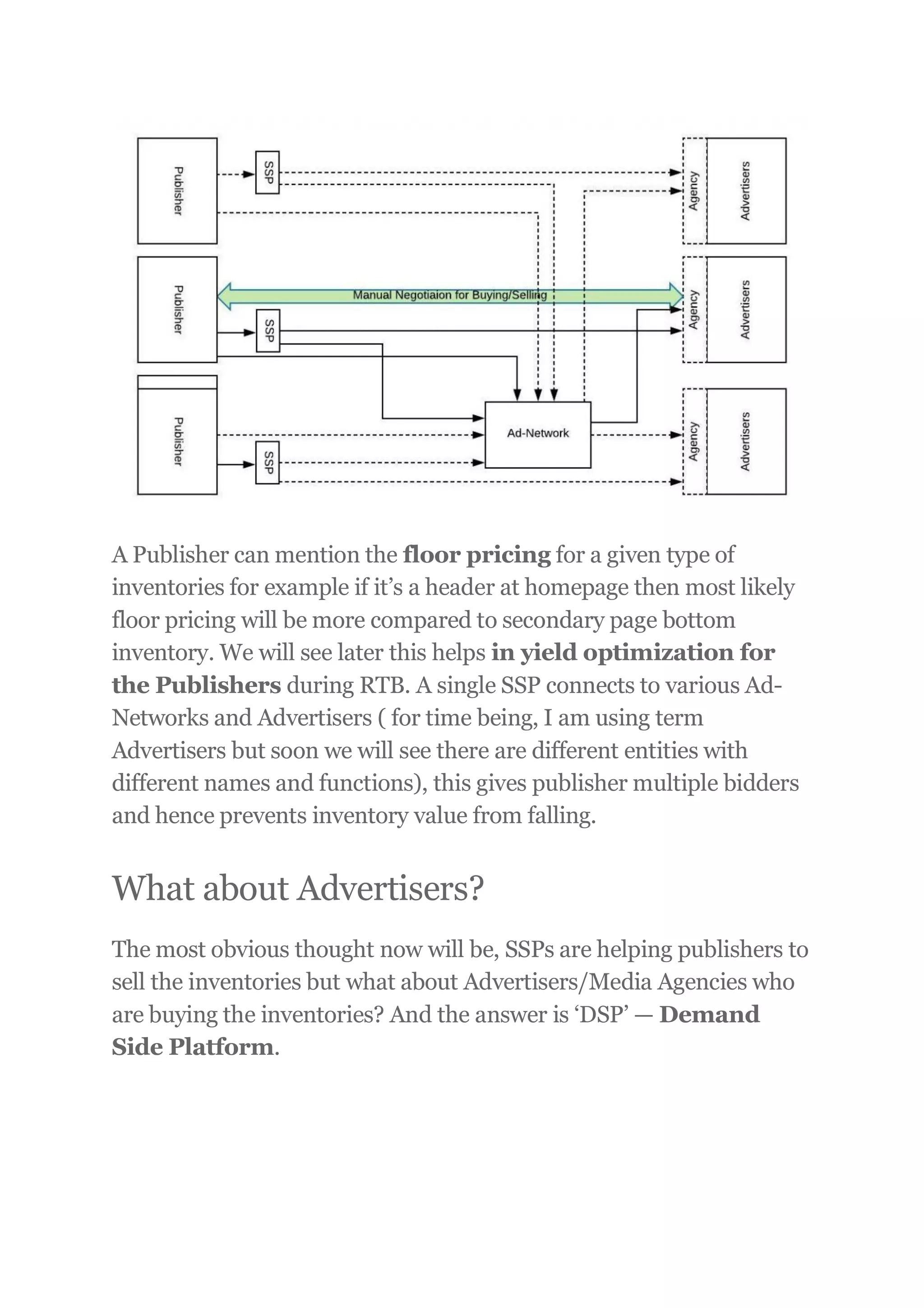 A Publisher can mention the floor pricing for a given type of
inventories for example if it’s a header at homepage then most likely
floor pricing will be more compared to secondary page bottom
inventory. We will see later this helps in yield optimization for
the Publishers during RTB. A single SSP connects to various Ad-
Networks and Advertisers ( for time being, I am using term
Advertisers but soon we will see there are different entities with
different names and functions), this gives publisher multiple bidders
and hence prevents inventory value from falling.
What about Advertisers?
The most obvious thought now will be, SSPs are helping publishers to
sell the inventories but what about Advertisers/Media Agencies who
are buying the inventories? And the answer is ‘DSP’ — Demand
Side Platform.
 