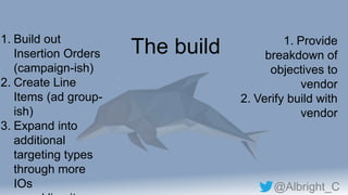 @Albright_C
The build1. Build out
Insertion Orders
(campaign-ish)
2. Create Line
Items (ad group-
ish)
3. Expand into
additional
targeting types
through more
IOs
1. Provide
breakdown of
objectives to
vendor
2. Verify build with
vendor
 