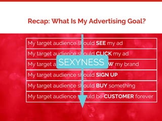 17
My target audience should SEE my ad
My target audience should CLICK my ad
My target audience should KNOW my brand
My target audience should SIGN UP
My target audience should BUY something
My target audience should be CUSTOMER forever
SEXYNESS
Recap: What Is My Advertising Goal?
 