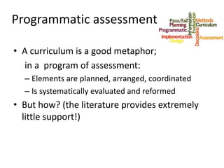 Programmatic assessment
• A curriculum is a good metaphor;
in a program of assessment:
– Elements are planned, arranged, coordinated
– Is systematically evaluated and reformed
• But how? (the literature provides extremely
little support!)
 