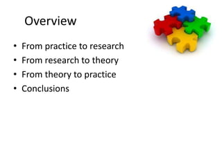 Overview
• From practice to research
• From research to theory
• From theory to practice
• Conclusions
 