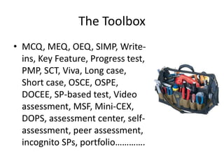 The Toolbox
• MCQ, MEQ, OEQ, SIMP, Write-
ins, Key Feature, Progress test,
PMP, SCT, Viva, Long case,
Short case, OSCE, OSPE,
DOCEE, SP-based test, Video
assessment, MSF, Mini-CEX,
DOPS, assessment center, self-
assessment, peer assessment,
incognito SPs, portfolio………….
 