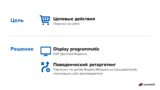 Цель
Решение
Целевые действия
Покупка на сайте
Display programmatic
DSP Дисплей Яндекса
Поведенческий ретаргетинг
Таргетин...