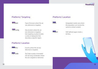 Platform/ Targeting
Type of browser where the ad
was delivered or targeted.
Geo-location where the ad
was delivered or targeted.
Geo targeting usually includes
a series of datapoints that
describes a specific region.
Browser
Lat/Long
Platform/ Location
Country where the ad was
delivered or targeted.
Country
Zip Code usually is translated
into lat/long coordinates where
the ad is targeted or delivered.
Zip Code
DMA Designated market area where
the population can receive the
same (or similar) content..
Region DSP defined region inside a
territory
Platform/ Location
13 13
 