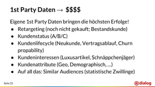 Seite 25
1st Party Daten → $$$$
Eigene 1st Party Daten bringen die höchsten Erfolge!
● Retargeting (noch nicht gekauft; Bestandskunde)
● Kundenstatus (A/B/C)
● Kundenlifecycle (Neukunde, Vertragsablauf, Churn
propability)
● Kundeninteressen (Luxusartikel, Schnäppchenjäger)
● Kundenattribute (Geo, Demographisch, …)
● Auf all das: Similar Audiences (statistische Zwillinge)
 