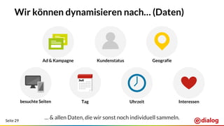 Seite 29
Wir können dynamisieren nach… (Daten)
Ad & Kampagne
Tag
Juli
Uhrzeit
GeografieKundenstatus
Interessen
… & allen Daten, die wir sonst noch individuell sammeln.
besuchte Seiten
 