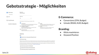 Seite 25
Gebotsstrategie - Möglichkeiten
E-Commerce:
● Conversions (CPA, Budget)
● Umsatz (ROAS, KUR, Budget)
Branding:
● Klicks maximieren
● Keyword Position
 
