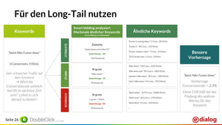 Seite 26
“black Nike Fusion shoes”
0 Conversions, 4 Klicks
Sehr schwacher Traffic auf
dem Keyword
⇒ Wird die
Conversionrate wirklich
bei 0% in nächster Zeit
sein? Lohnt es sich
darauf zu bieten?
Zielseite
“www.shoey.com/nike112”
Gewichtung = .89
120 Keywords
“Fusion 5 running shoes”: 5 Conv., 20 Klicks
“Fusion 5”: 40 Conv. , 310 Klicks
“Fusion women’s shoe”: 7 Conv., 21 Klicks
“2015 fusion shoe: 1 Conv., 4 Klicks
...
Keywords
Smart bidding analysiert
Merkmale ähnlicher Keywords
(3 von Millionen an Merkmalen)
N-gram
“Nike shoes”
Gewichtung= .70
70 Keywords
“Nike shoes”: 150 Conv., 2504 Klicks
“Nike shoes sale”: 90 Conv.s, 1802 Klicks
“women’s Nike shoes”: 30 Conv., 1400 Klicks
“men’s Nike shoes”: 45 Conv., 1970 Klicks
...
N-gram
n-gram = “black”
Gewichtung= .04
70 Keywords
“black friday”: 3670 Conv., 45800 Klicks
“black socks”: 60 Conv.s, 1704 Klicks
“black dress”: 8 Conv., 160 Klicks
...
Bessere
Vorhersage
“black Nike Fusion shoes”
Vorhersage
Conversionrate = 2.4%
Diese CVR hilft bei der
Findung des wahren
Wertes für das
Keyword
STÄRKSTESTARKSCHWACH
Ähnliche Keywords
Für den Long-Tail nutzen
 