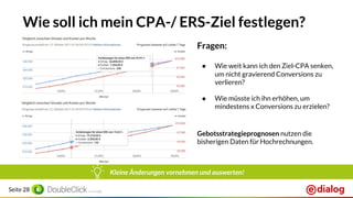 Seite 28
Fragen:
● Wie weit kann ich den Ziel-CPA senken,
um nicht gravierend Conversions zu
verlieren?
● Wie müsste ich ihn erhöhen, um
mindestens x Conversions zu erzielen?
Gebotsstrategieprognosen nutzen die
bisherigen Daten für Hochrechnungen.
Kleine Änderungen vornehmen und auswerten!
Wie soll ich mein CPA-/ ERS-Ziel festlegen?
 