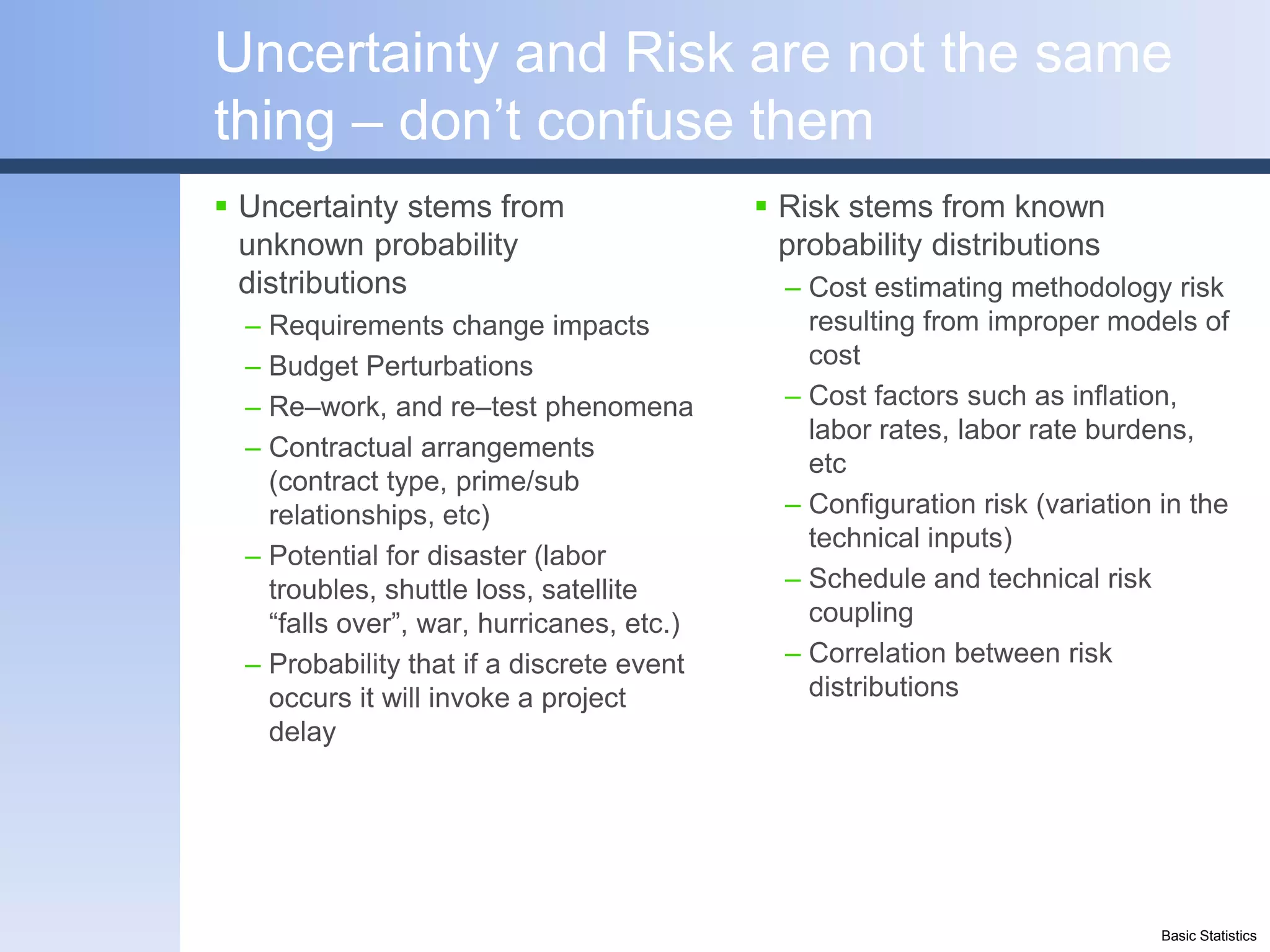 Uncertainty and Risk are not the same
thing – don’t confuse them
 Uncertainty stems from                    Risk stems from known
  unknown probability                        probability distributions
  distributions                              – Cost estimating methodology risk
  – Requirements change impacts                resulting from improper models of
  – Budget Perturbations                       cost
  – Re–work, and re–test phenomena           – Cost factors such as inflation,
                                               labor rates, labor rate burdens,
  – Contractual arrangements
                                               etc
    (contract type, prime/sub
    relationships, etc)                      – Configuration risk (variation in the
                                               technical inputs)
  – Potential for disaster (labor
    troubles, shuttle loss, satellite        – Schedule and technical risk
    “falls over”, war, hurricanes, etc.)       coupling
  – Probability that if a discrete event     – Correlation between risk
    occurs it will invoke a project            distributions
    delay




                                                                             Basic Statistics
 