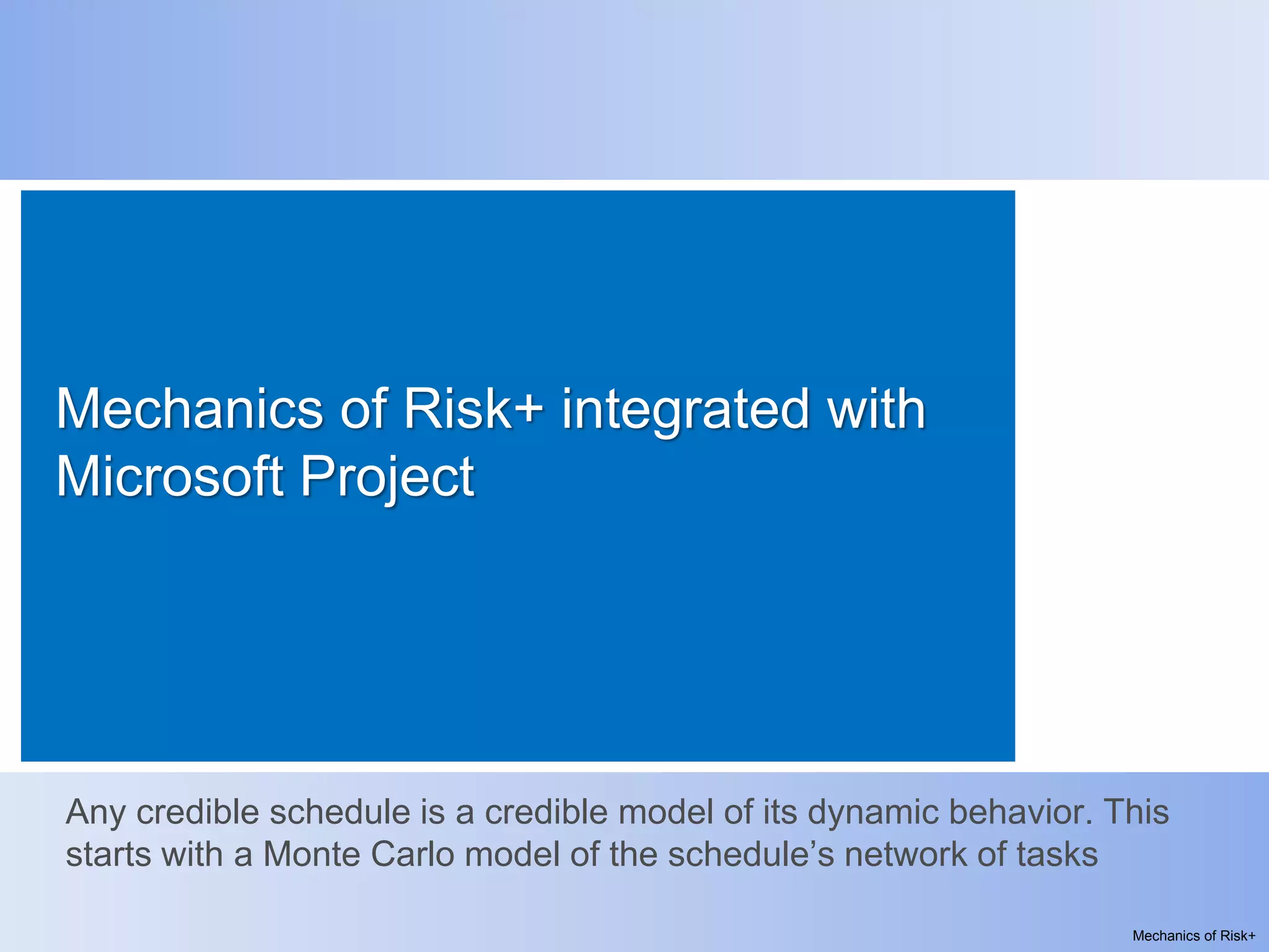 Mechanics of Risk+ integrated with
Microsoft Project




Any credible schedule is a credible model of its dynamic behavior. This
starts with a Monte Carlo model of the schedule’s network of tasks

                                                                    Mechanics of Risk+
 