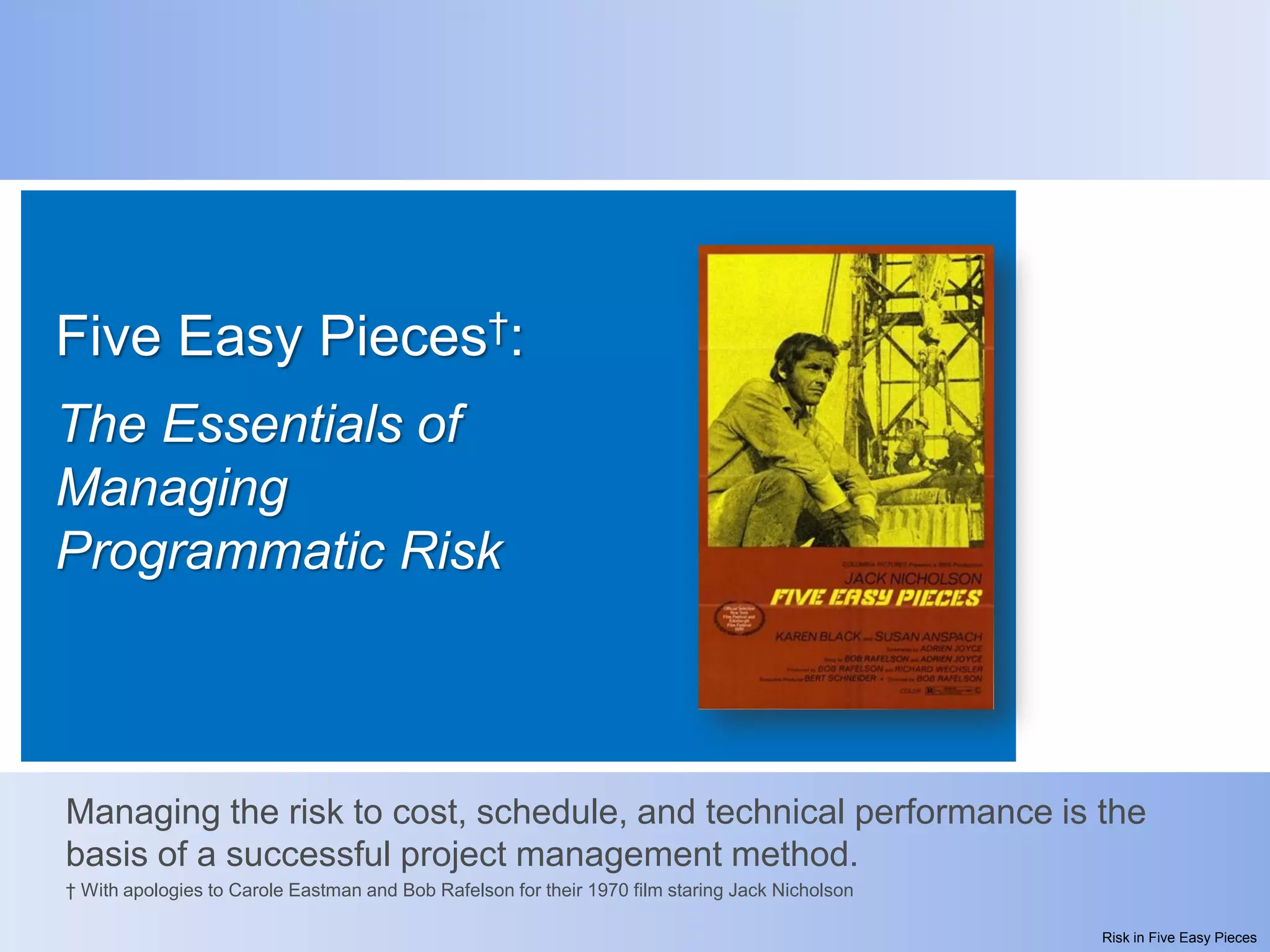 Five Easy Pieces†:
The Essentials of
Managing
Programmatic Risk



Managing the risk to cost, schedule, and technical performance is the
basis of a successful project management method.
† With apologies to Carole Eastman and Bob Rafelson for their 1970 film staring Jack Nicholson

                                                                                                 Risk in Five Easy Pieces
 