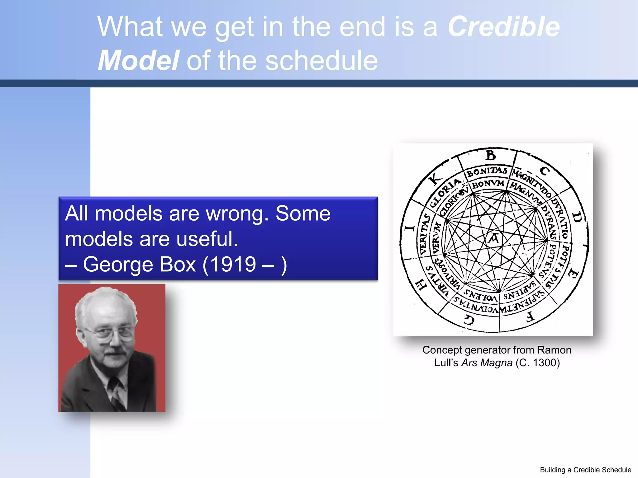 What we get in the end is a Credible
   Model of the schedule




All models are wrong. Some
models are useful.
– George Box (1919 – )


                             Concept generator from Ramon
                               Lull’s Ars Magna (C. 1300)




                                                   Building a Credible Schedule
 