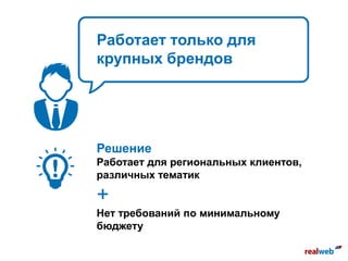 Работает только для
крупных брендов
Решение
Работает для региональных клиентов,
различных тематик
+
Нет требований по минимальному
бюджету
 