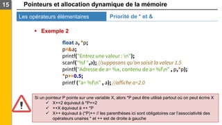 Pointeurs et allocation dynamique de la mémoire
Les opérateurs élémentaires
15
▪ Exemple 2
float a, *p;
p=&a;
printf("Entrez une valeur : n");
scanf("%f ",a); //supposons qu’on saisit la valeur 1.5
printf("Adresse de a= %x, contenu de a= %fn" , p,*p);
*p+=0.5;
printf ("a= %fn" , a); //affiche a=2.0
Si un pointeur P pointe sur une variable X, alors *P peut être utilisé partout où on peut écrire X
✓ X+=2 équivaut à *P+=2
✓ ++X équivaut à ++ *P
✓ X++ équivaut à (*P)++ // les parenthèses ici sont obligatoires car l’associativité des
opérateurs unaires * et ++ est de droite à gauche
Priorité de * et &
 