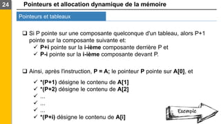 Pointeurs et allocation dynamique de la mémoire
Pointeurs et tableaux
24
❑ Si P pointe sur une composante quelconque d'un tableau, alors P+1
pointe sur la composante suivante et:
✓ P+i pointe sur la i-ième composante derrière P et
✓ P-i pointe sur la i-ième composante devant P.
❑ Ainsi, après l'instruction, P = A; le pointeur P pointe sur A[0], et
✓ *(P+1) désigne le contenu de A[1]
✓ *(P+2) désigne le contenu de A[2]
✓ ...
✓ ...
✓ ...
✓ *(P+i) désigne le contenu de A[i]
Exemple
 