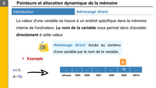 Pointeurs et allocation dynamique de la mémoire
Introduction
5
Adressage direct
La valeur d'une variable se trouve à un endroit spécifique dans la mémoire
interne de l'ordinateur. Le nom de la variable nous permet alors d'accéder
directement à cette valeur
Adressage direct: Accès au contenu
d'une variable par le nom de la variable.
▪ Exemple
int A;
A=10;
… … … … … 10 …
Adresse 1B05 1B06 1B07 1B08 1B09 1B010
A
 