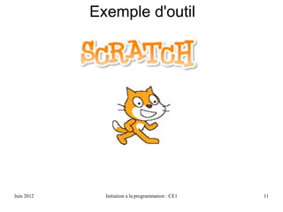 Avril 2013 Initiation a la programmation : CE1 11
Exemple d'outil
 