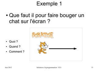 Avril 2013 Initiation a la programmation : CE1 13
Exemple 1
● Comment faire bouger « Scratch »
sur l'écran ?
● Quoi ?
● Quand ?
● Comment ?
 