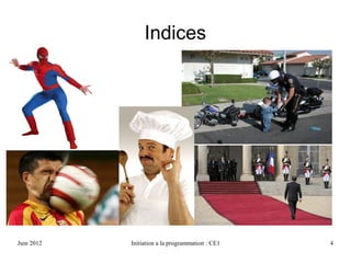 Avril 2013 Initiation a la programmation : CE1 4
Indices
 