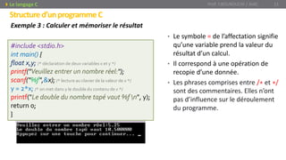 Structured’unprogrammeC
• Le symbole = de l’affectation signifie
qu’une variable prend la valeur du
résultat d’un calcul.
• Il correspond à une opération de
recopie d’une donnée.
• Les phrases comprises entre /∗ et ∗/
sont des commentaires. Elles n’ont
pas d’influence sur le déroulement
du programme.
Exemple 3 : Calculer et mémoriser le résultat
Prof. Y.BOUKOUCHI / AIAC 11Le langage C
#include <stdio.h>
int main() {
float x,y; /* déclaration de deux variables x et y */
printf("Veuillez entrer un nombre réel:");
scanf("%f",&x);/* lecture au clavier de la valeur de x */
y = 2*x; /* on met dans y le double du contenu de x */
printf("Le double du nombre tapé vaut %f n", y);
return 0;
}
 