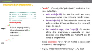 /***************************/
/* Projet C – Auteur: Y.B. */
/* Date : 20/09/18 */
/***************************/
// commentaire
int main(void)
{
/* corps du programme*/
déclaration des variables;
instruction1 ;
instruction2 ;
….
}
begin
end
Prof. Y.BOUKOUCHI / AIAC 12Le langage C
Structured’unprogrammeC
• "main" : Cela signifie "principale", ses instructions
sont exécutées.
• void main(void): La fonction main ne prend
aucun paramètre et ne retourne pas de valeur.
• int main(void): La fonction main retourne une
valeur entière à l'aide de l'instruction return (0
si pas d’erreur).
• int main(int argc, char *argv[]): On obtient
alors des programmes auxquels on peut
adresser des arguments au moment où on
lance le programme.
• Entre accolades "{" et "}" on mettra la succession
d'actions à réaliser.(Bloc)
• Il y a 2 types de commentaires : /* ... */ et //
 