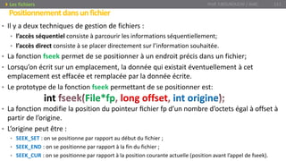 • Il y a deux techniques de gestion de fichiers :
• l’accès séquentiel consiste à parcourir les informations séquentiellement;
• l’accès direct consiste à se placer directement sur l’information souhaitée.
• La fonction fseek permet de se positionner à un endroit précis dans un fichier;
• Lorsqu’on écrit sur un emplacement, la donnée qui existait éventuellement à cet
emplacement est effacée et remplacée par la donnée écrite.
• Le prototype de la fonction fseek permettant de se positionner est:
• La fonction modifie la position du pointeur ﬁchier fp d’un nombre d’octets égal à offset à
partir de l’origine.
• L’origine peut être :
• SEEK_SET : on se positionne par rapport au début du fichier ;
• SEEK_END : on se positionne par rapport à la fin du fichier ;
• SEEK_CUR : on se positionne par rapport à la position courante actuelle (position avant l’appel de fseek).
Prof. Y.BOUKOUCHI / AIAC 111
Positionnementdansunfichier
Les fichiers
int File*fp long offset int origine
 