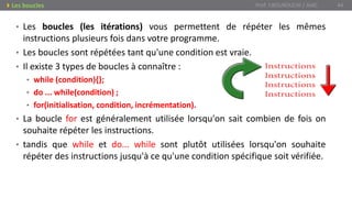 • Les boucles (les itérations) vous permettent de répéter les mêmes
instructions plusieurs fois dans votre programme.
• Les boucles sont répétées tant qu'une condition est vraie.
• Il existe 3 types de boucles à connaître :
• while (condition){};
• do ... while(condition) ;
• for(initialisation, condition, incrémentation).
• La boucle for est généralement utilisée lorsqu'on sait combien de fois on
souhaite répéter les instructions.
• tandis que while et do... while sont plutôt utilisées lorsqu'on souhaite
répéter des instructions jusqu'à ce qu'une condition spécifique soit vérifiée.
Prof. Y.BOUKOUCHI / AIAC 44Les boucles
 