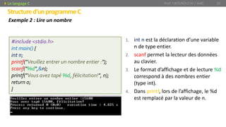 Structured’unprogrammeC
1. int n est la déclaration d’une variable
n de type entier.
2. scanf permet la lecteur des données
au clavier.
3. Le format d’affichage et de lecture %d
correspond à des nombres entier
(type int).
4. Dans printf, lors de l’affichage, le %d
est remplacé par la valeur de n.
Exemple 2 : Lire un nombre
Prof. Y.BOUKOUCHI / AIAC 10Le langage C
#include <stdio.h>
int main() {
int n;
printf("Veuillez entrer un nombre entier :");
scanf("%d",&n);
printf("Vous avez tapé %d, félicitation!", n);
return 0;
}
 