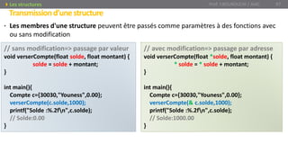 • Les membres d'une structure peuvent être passés comme paramètres à des fonctions avec
ou sans modification
Transmissiond’unestructure
Prof. Y.BOUKOUCHI / AIAC 97Les structures
// sans modification=> passage par valeur
void verserCompte(float solde, float montant) {
solde = solde + montant;
}
int main(){
Compte c={30030,"Youness",0.00};
verserCompte(c.solde,1000);
printf("Solde :%.2fn",c.solde);
// Solde:0.00
}
// avec modification=> passage par adresse
void verserCompte(float *solde, float montant) {
* solde = * solde + montant;
}
int main(){
Compte c={30030,"Youness",0.00};
verserCompte(& c.solde,1000);
printf("Solde :%.2fn",c.solde);
// Solde:1000.00
}
 