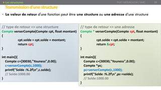 • La valeur de retour d'une fonction peut être une structure ou une adresse d’une structure
Transmissiond’unestructure
Prof. Y.BOUKOUCHI / AIAC 99Les structures
// type de retour => une structure
Compte verserCompte(Compte cpt, float montant)
{
cpt.solde = cpt.solde + montant;
return cpt;
}
int main(){
Compte c={30030,"Youness",0.00};
c=verserCompte(c,1000);
printf("Solde :%.2fn",c.solde);
// Solde:1000.00
}
// type de retour => une adresse
Compte * verserCompte(Compte cpt, float montant)
{
cpt.solde = cpt.solde + montant;
return &cpt;
}
int main(){
Compte c={30030,"Youness",0.00};
Compte *pc;
pc=verserCompte(c,1000);
printf("Solde :%.2fn",pc->solde);
// Solde:1000.00
}
 