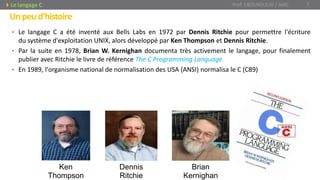 Unpeud’histoire
• Le langage C a été inventé aux Bells Labs en 1972 par Dennis Ritchie pour permettre l'écriture
du système d'exploitation UNIX, alors développé par Ken Thompson et Dennis Ritchie.
• Par la suite en 1978, Brian W. Kernighan documenta très activement le langage, pour finalement
publier avec Ritchie le livre de référence The C Programming Language
• En 1989, l'organisme national de normalisation des USA (ANSI) normalisa le C (C89)
Ken
Thompson
Brian
Kernighan
Dennis
Ritchie
Prof. Y.BOUKOUCHI / AIAC 7Le langage C
 