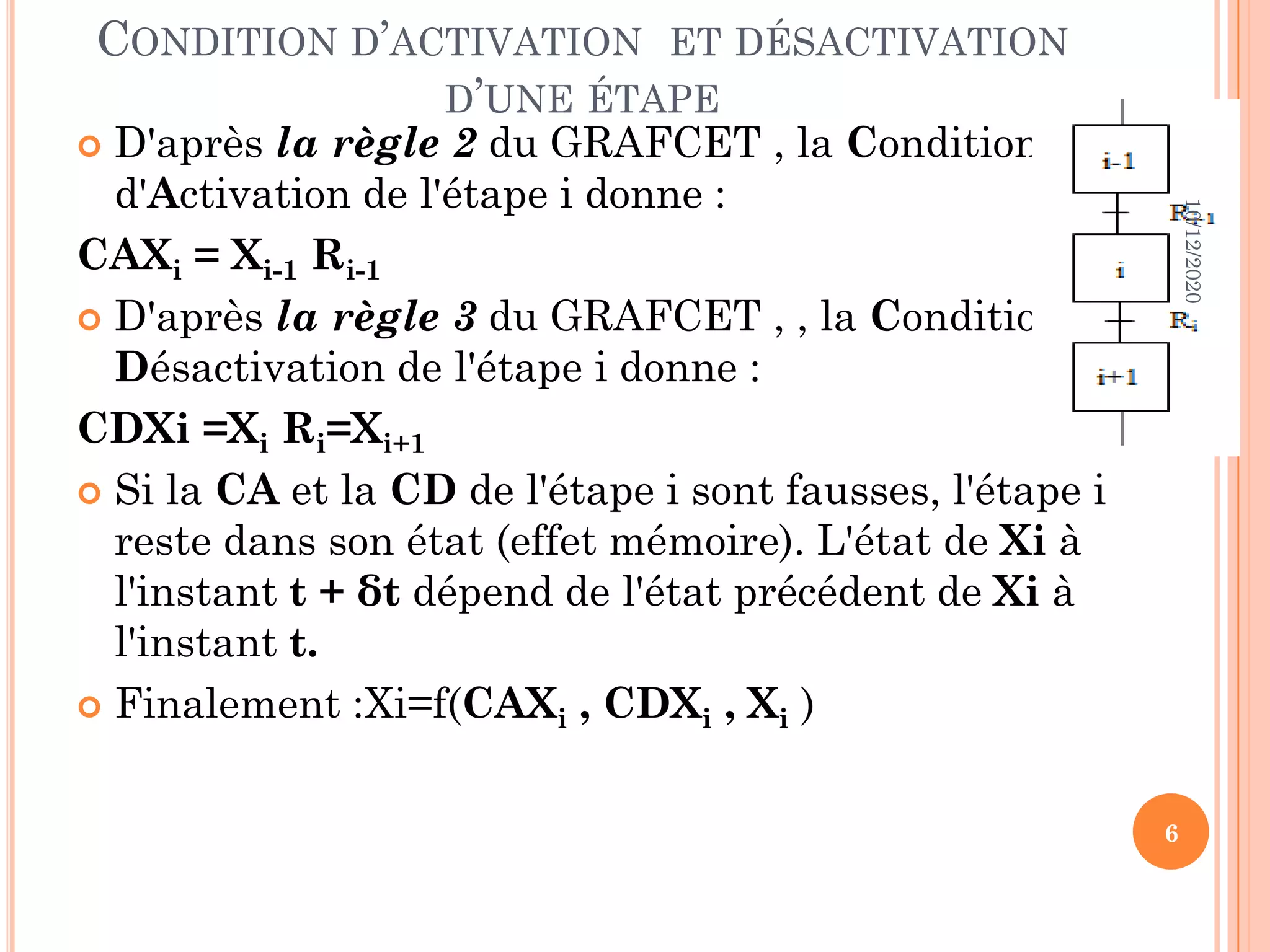CONDITION D’ACTIVATION ET DÉSACTIVATION D’UNE ÉTAPE  D'après la règle 2 du GRAFCET , la Condition d'Activation de l'étape i donne : CAXi = Xi-1 Ri-1  D'après la règle 3 du GRAFCET , , la Condition de Désactivation de l'étape i donne : CDXi =Xi Ri=Xi+1  Si la CA et la CD de l'étape i sont fausses, l'étape i reste dans son état (effet mémoire). L'état de Xi à l'instant t + δt dépend de l'état précédent de Xi à l'instant t.  Finalement :Xi=f(CAXi , CDXi , Xi ) 10/12/2020 6 