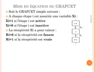 MISE EN ÉQUATION DU GRAFCET
 Soit le GRAFCET simple suivant :
 A chaque étape i est associée une variable Xi :
Xi=1 si l'étape i est active
Xi=0 si l'étape i est inactive
 La réceptivité Ri a pour valeur :
Ri=0 si la réceptivité est fausse
Ri=1 si la réceptivité est vraie
10/12/2020
4
 
