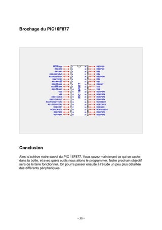 Brochage du PIC16F877




                          MCLR/Vpp   1                 40   RB7/PGD
                           RA0/AN0   2                 39   RB6/PGC
                           RA1/AN1   3                 38   RB5
                     RA2/AN2/VRef-   4                 37   RB4
                     RA3/AN3/VRef+   5                 36   RB3/PGM
                         RA4/T0CKI   6                 35   RB2
                        RA5/AN4/SS   7                 34   RB1
                                          PIC 16F877
                        RE0/RD/AN5   8                 33   RB0/INT
                       RE1/WR/AN6    9                 32   VDD
                        RE2/CS/AN7   10                31   VSS
                               VDD   11                30   RD7/PSP7
                               VSS   12                29   RD6/PSP6
                       OSC1/CLKIN    13                28   RD5/PSP5
                     OSC2/CLKOUT     14                27   RD4/PSP4
                  RC0/T1OSO/T1CKI    15                26   RC7/RX/DT
                   RC1/T1OSI/CCP2    16                25   RC6/TX/CK
                          RC2/CCP1   17                24   RC5/SDO
                      RC3/SCK/SCL    18                23   RC4/SDI/SDA
                          RD0/PSP0   19                22   RD3/PSP3
                          RD1/PSP1   20                21   RD2/PSP2




Conclusion
Ainsi s’achève notre survol du PIC 16F877. Vous savez maintenant ce qui se cache
dans la boîte, et avec quels outils nous allons le programmer. Notre prochain objectif
sera de le faire fonctionner. On pourra passer ensuite à l’étude un peu plus détaillée
des différents périphériques.




                                          - 38 -
 