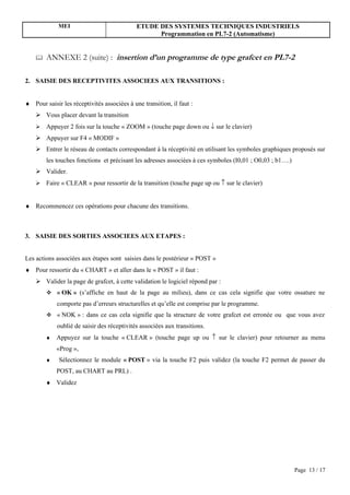MEI                             ETUDE DES SYSTEMES TECHNIQUES INDUSTRIELS
                                                   Programmation en PL7-2 (Automatisme)


       ANNEXE 2 (suite) : insertion d’un programme de type grafcet en PL7-2

2. SAISIE DES RECEPTIVITES ASSOCIEES AUX TRANSITIONS :


♦ Pour saisir les réceptivités associées à une transition, il faut :
     Vous placer devant la transition
       Appuyer 2 fois sur la touche « ZOOM » (touche page down ou ↓ sur le clavier)
     Appuyer sur F4 « MODIF »
     Entrer le réseau de contacts correspondant à la réceptivité en utilisant les symboles graphiques proposés sur
        les touches fonctions et précisant les adresses associées à ces symboles (I0,01 ; O0,03 ; b1….)
     Valider.
       Faire « CLEAR » pour ressortir de la transition (touche page up ou ↑ sur le clavier)


♦ Recommencez ces opérations pour chacune des transitions.



3. SAISIE DES SORTIES ASSOCIEES AUX ETAPES :


Les actions associées aux étapes sont saisies dans le postérieur « POST »
♦ Pour ressortir du « CHART » et aller dans le « POST » il faut :
     Valider la page de grafcet, à cette validation le logiciel répond par :
         « OK » (s’affiche en haut de la page au milieu), dans ce cas cela signifie que votre ossature ne
            comporte pas d’erreurs structurelles et qu’elle est comprise par le programme.
         « NOK » : dans ce cas cela signifie que la structure de votre grafcet est erronée ou que vous avez
            oublié de saisir des réceptivités associées aux transitions.
        ♦   Appuyez sur la touche « CLEAR » (touche page up ou ↑ sur le clavier) pour retourner au menu
            «Prog »,
        ♦    Sélectionnez le module « POST » via la touche F2 puis validez (la touche F2 permet de passer du
            POST, au CHART au PRL) .
        ♦ Validez




                                                                                                          Page 13 / 17
 