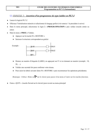 MEI                           ETUDE DES SYSTEMES TECHNIQUES INDUSTRIELS
                                                 Programmation en PL7-2 (Automatisme)


     ANNEXE 3 :          insertion d’un programme de type ladder en PL7-2
♦ Lancez le logiciel PL7-2
♦ Effectuez l’initialisation mémoire et sélectionnez le langage grafcet (voir annexe 1 la procédure à suivre)
♦   Dans le menu principal, sélectionnez la ligne 2 : «PROGRAMMATION » puis validez (touche entrée ou
    enter)
♦   Dans le menu « PROG » Validez.
        ♦ Appuyez sur la touche F6 « RESTORE »
        ♦ Saisissez la structure correspondant au grafcet


       Exemple :                 X 02                        O0,01

                                 X05                         O0,02

                                 X01


        ♦ Donnez un numéro d’étiquette (LABEL) en appuyant sur F1 et en donnant un numéro (exemple : 10,
             20, …)
        ♦ Validez une seconde fois pour confirmer votre réseau.
        ♦ Pour saisir les labels suivants faites F6 « RESTORE » puis recommencer les opérations précédentes.


        Remarque : Utilisez Home ou       sur le clavier pour passer d’un menu à l’autre sur les touches fonctions.


♦ Faites « QUIT » (touche fin/end sur le clavier) pour revenir au menu principal




                                                                                                        Page 15 / 17
 