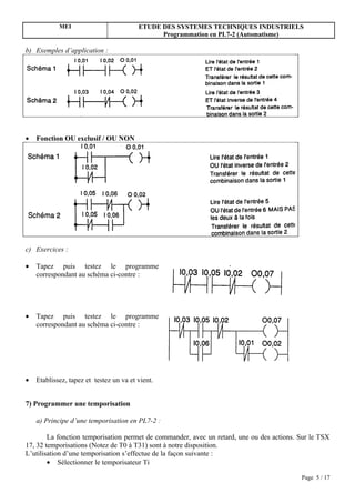 MEI                          ETUDE DES SYSTEMES TECHNIQUES INDUSTRIELS
                                               Programmation en PL7-2 (Automatisme)

b) Exemples d’application :




•   Fonction OU exclusif / OU NON




c) Exercices :

•   Tapez puis testez le programme
    correspondant au schéma ci-contre :




•   Tapez puis testez le programme
    correspondant au schéma ci-contre :




•   Etablissez, tapez et testez un va et vient.


7) Programmer une temporisation

    a) Principe d’une temporisation en PL7-2 :

        La fonction temporisation permet de commander, avec un retard, une ou des actions. Sur le TSX
17, 32 temporisations (Notez de T0 à T31) sont à notre disposition.
L’utilisation d’une temporisation s’effectue de la façon suivante :
        • Sélectionner le temporisateur Ti

                                                                                           Page 5 / 17
 