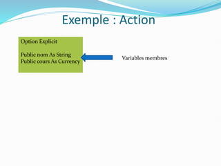 Exemple : Action
Option Explicit
Public nom As String
Public cours As Currency
Variables membres
 