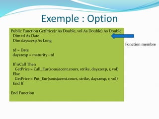 Exemple : Option
Public Function GetPrice(r As Double, vol As Double) As Double
Dim td As Date
Dim days2exp As Long
td = Date
days2exp = maturity - td
If isCall Then
GetPrice = Call_Eur(sousjacent.cours, strike, days2exp, r, vol)
Else
GetPrice = Put_Eur(sousjacent.cours, strike, days2exp, r, vol)
End If
End Function
Fonction membre
 