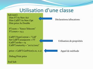 Utilisation d’une classe
Sub test()
Dim FT As New Act
Dim CallFT As New Opt
Dim price As Double
FT.nom = "Fance Telecom"
FT.cours = 15.3
CallFT.TypeContrat = "Call"
Set CallFT.sousjacent = FT
CallFT.strike = 15
CallFT.maturity = "20/12/2012"
price = CallFT.GetPrice(0.01, 0.2)
Debug.Print price
End Sub
Déclarations/allocations
Utilisation de propriétés
Appel de méthode
 