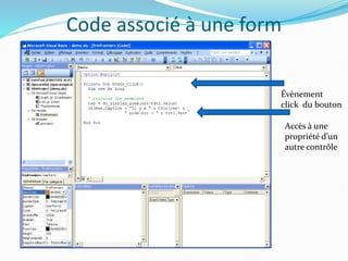 Code associé à une form
Évènement
click du bouton
Accès à une
propriété d’un
autre contrôle
 