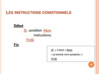LES INSTRUCTIONS CONDITIONNELS
Début
Si condition Alors
instructions;
FinSi
Fin
69
Si « il pleut » Alors
« je prends mon parapluie »;
FinSi
 